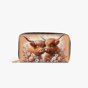 Cartera para mujer con diseño de vaca de las Tierras Altas en color albaricoque | Cartera con linda vaca | Cartera elegante para mujer | billetera de niña