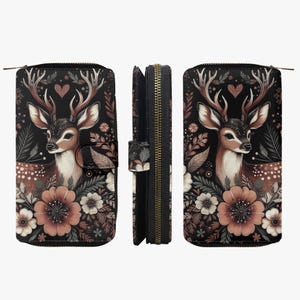 Cartera Forestcore, cartera de mujer cottagecore, cartera con motivo de ciervo, cartera con diseño de animales del bosque, cartera con estampado de flores