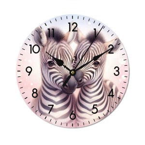 Cute children&#39;s room wall clock with zebra motif | Safari animal children&#39;s wooden clock | Silent animal design wooden clock | Girls&#39; clock baby room decoration
