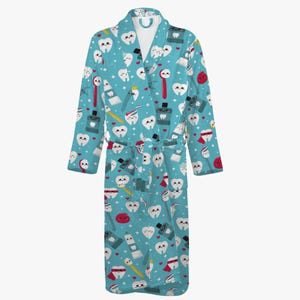 Albornoz azul acogedor para mujer y hombre, bata con divertido diseño de dientes, bata de sauna para mujer, bata con estampado de dientes de dibujos animados, bata de hombre