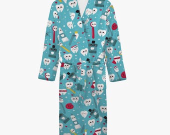 Cozy women's and men's bathrobe blue, funny tooth design dressing gown, sauna women's bathrobe, cartoon tooth pattern robe, men's bathrobe