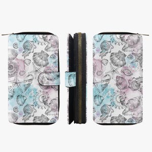Portefeuille à motif coquillage nautique et motif côtier – Grand portefeuille en cuir pour femmes – Filles, sac à main à fermeture éclair style océan