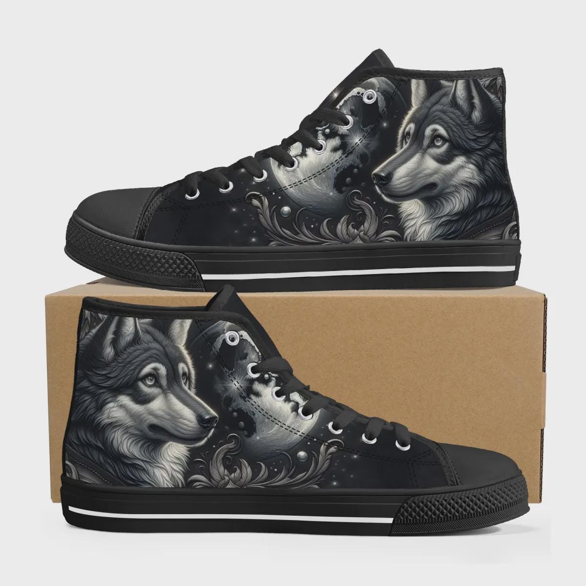 Wolf Sneakers for Men and Women – Black High-top Shoes With Full Moon ...
