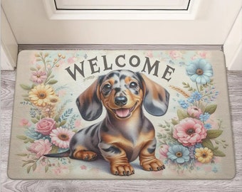 Non-Slip Front Door Mat with Dachshund Flowers "Welcome" Design, Welcome Mat, Indoor Outdoor Animal Motif Doormat, Welcome Mat