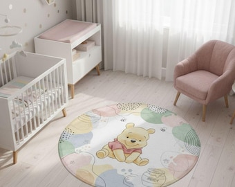 Nalle Puh-matta för barnrum, rund matta för babyrum, barnmatta med Nalle Puh-motiv, rund lekmatta för flickor, Nalle Puh-matta