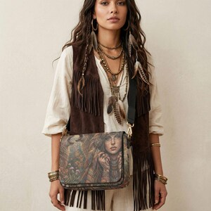 Wolf Bag for Women – Boho Ethnic Crossbody Bag with Warrior & Wolf Family – Spirit Animal Shoulder Bag – Gothic Festival Bag for Teenagers