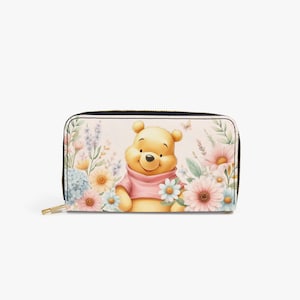 Cartera de Winnie the Pooh para mujer – linda cartera floral | Cartera de dibujos animados para niños | Idea de regalo para mujeres | Cartera con cremallera