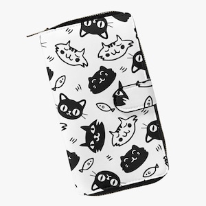 Cartera para damas blancas - chicas con dibujos de gatos | Cartera de piel con múltiples compartimentos | Cartera con cremallera y motivo de gato