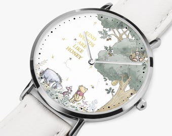 Winnie the Pooh “Kind Words Are Like Honey” Leather Watch Silver – Women’s watch with Pooh Bear motif, Pooh Bear leather watch, Winnie the Pooh quote watch