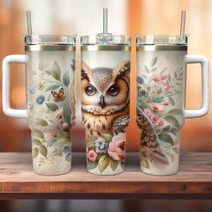 40oz thermal mug owl design, coffee mug forest animal motif, tumbler floral vintage look, insulated travel mug with handle, car mug owl