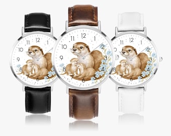 Otter Watch Women – Cute Animal Watch with Otter Family and Flowers – Gift for Girls, Kids & Animal Lovers – Watch with Leather Strap
