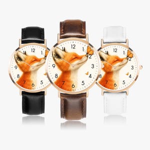 Fox wristwatch with butterfly – animal motif watch for women and girls – gift for nature lovers – leather strap watch in brown, white, black