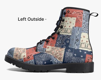 May include: A patchwork-patterned boot with a black sole and laces. The boot features a mix of red, blue, and cream paisley designs. The text "Left Outside" is visible on the side of the boot.