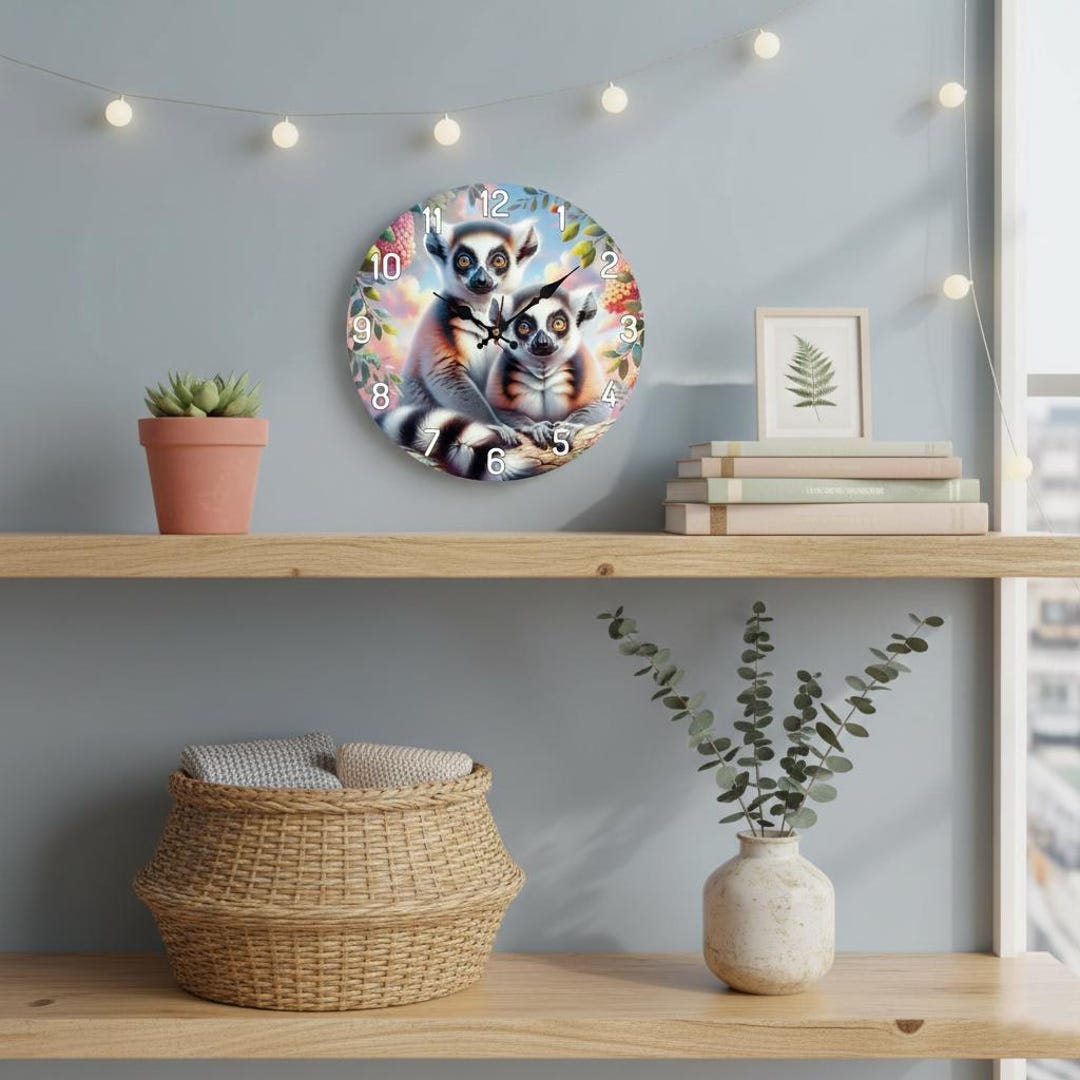 Children's Lemur Wall Clock, Colorful - Round Animal Clock for Kids ... - Lemur Enclosure Decoration Ideas With A Round Decorative Clock