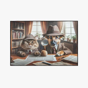 May include: A humorous illustration featuring a cat and a dog in detective attire. The cat wears a tweed cap, and the dog dons a fedora. They sit at a desk with a magnifying glass, newspapers, and pens.