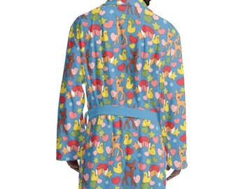 Funny unisex bathrobe with retro pattern – rubber duck design | Men's dressing gown for adults | Soft sauna cover-up