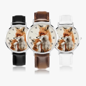 Leather ladies&#39; watch with fox motif – Stylish wristwatch with red fox design, girls&#39; watch with forest animal motif, nature-inspired accessory