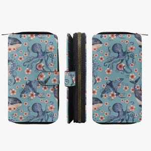 Cartera grande de piel para mujer con cremallera, cartera azul marítima, monedero con diseño de criaturas marinas, monedero náutico para mujer