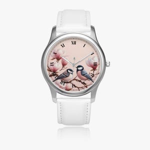 Floral ladies and children&#39;s watch with leather strap - bird motif with sparrows and magnolias, wristwatch for girls - perfect gift for women