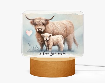 LED-nachtlampje van acryl "I Love You Mom" - Cadeau voor mama, Highland Cow-lamp met kalf - Moederdagcadeau - Decoratieve lamp voor de woonkamer