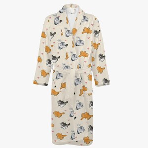 May include: Cream-colored robe with a repeating pattern of cartoon cats in various poses, speech bubbles, and pink hearts. The robe has long sleeves, a shawl collar, and a matching belt. The fabric appears soft and comfortable.