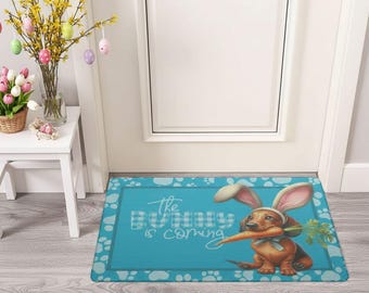 Cute dog doormat with bunny ears – Easter motif with dachshund – playful entrance decoration in cartoon style – gift idea for birthdays and Easter