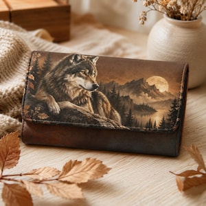 May include: A rectangular brown wallet featuring a detailed graphic print of a wolf resting on a rock. The background depicts a mountain landscape with pine trees, a lake, and a full moon in a sepia-toned color palette with dark brown edges.