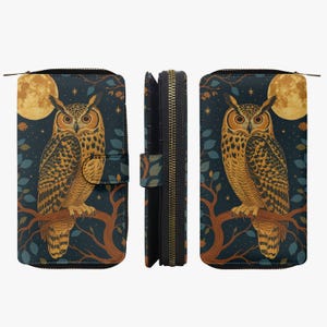 Cartera de búho para mujer, estilo bohemio místico con luna y búho, estilo gótico vintage, con motivos naturales, ideal para amantes de los búhos.