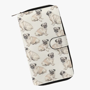 Cartera de mujer beige con múltiples compartimentos | Cartera con motivo de perro carlino | Cartera grande con cremallera | Clutch con diseño de carlino vintage