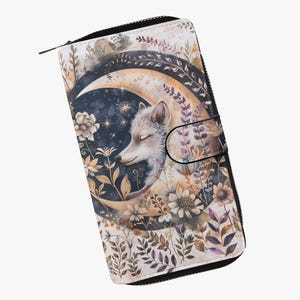 Portefeuille Loup Fille avec Lune et Fleurs – Portefeuille Mystique pour Femme – Idée Cadeau Motif Nature – Style Boho Cottagecore – Simili Cuir