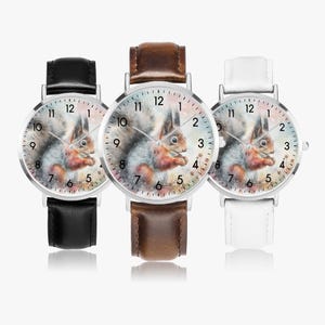Women&#39;s watch - children&#39;s watch with leather strap - animal watch with squirrel motif, forest animal design wristwatch for girls, animal motif watch, gift idea