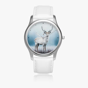 Silver wristwatch with deer motif and leather strap, nature theme ladies watch, stylish deer watch for girls and ladies, wild animal wristwatch