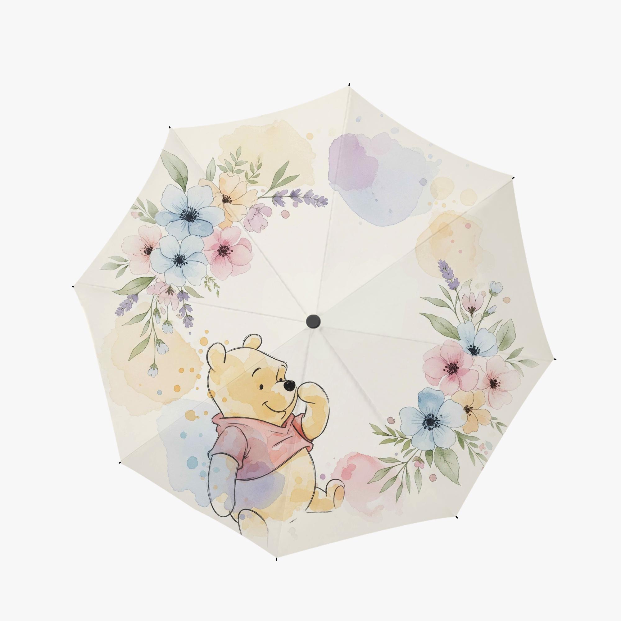 ミニキャンバス（くま、花束、女の子、傘、雨） くまのプーさんと花柄の女の子と子供向け傘 – 女性用折りたたみ傘