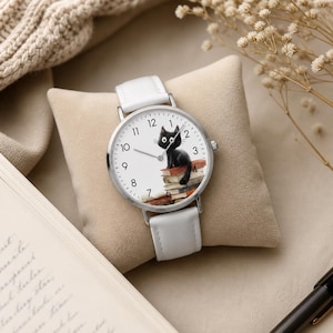 Black Cat Wristwatch Women's Cat Watch Book Motif Vintage Women's Watch Leather Strap Gift Cat Lover