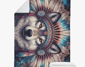 Wolvendeken met Indiaanse veren | Boho dierendeken voor kinderen en tieners | Zachte deken voor slaapbank | Cadeau voor meisje/jongen