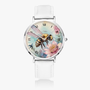 Women&#39;s leather watch with bee motif - stylish wristwatch with animal design, children&#39;s watch with leather strap, elegant natural design, girls watch bee