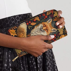 Cartera de mujer otoñal con motivo de zorro, clutch de bosque bohemio con cremallera, cartera con diseño natural, regalo para amantes de los animales