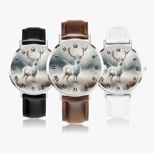 Forest Animal Deer Ladies Watch - Children&#39;s Watch with Leather Strap - Leather Watch with White Deer Motif, Girls&#39; Wristwatch for Animal Lovers, Gift Idea