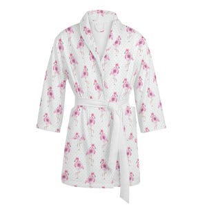 White unisex bathrobe flamingo, women&#39;s dressing gown tropical, sauna coat with animal motif, flamingo robe for adults, sauna robe summer