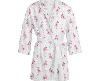 Weißer Unisex Bademantel Flamingo, Damen Morgenmantel tropisch, Sauna Mantel mit Tiermotiv, Flamingo Robe für Erwachsene, Saunamantel Sommer