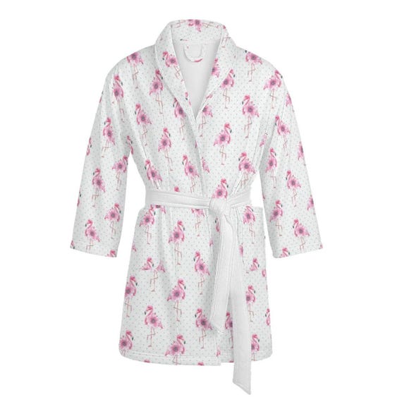 ladies flamingo dressing gown White unisex bathrobe flamingo, women's dressing gown tropical, sauna coat with animal motif, flamingo robe for adults, sauna robe summer