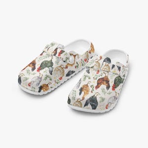 Summer ladies clogs chicken print, garden clogs with pattern, garden shoes chicken motif, chicken pattern shoes, mules, work clogs funny