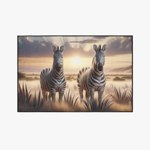 Könnte beinhalten: Zwei Zebras mit schwarz-weißen Streifen stehen im hohen Gras unter einem Sonnenuntergangshimmel. Die Sonne scheint hell zwischen den Wolken. Die Zebras sind der Mittelpunkt dieser Wildtierkunst.