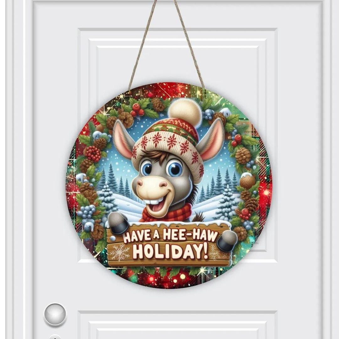 Round Christmas Wooden Door Sign Funny Donkey Door Hanger, Winter ...