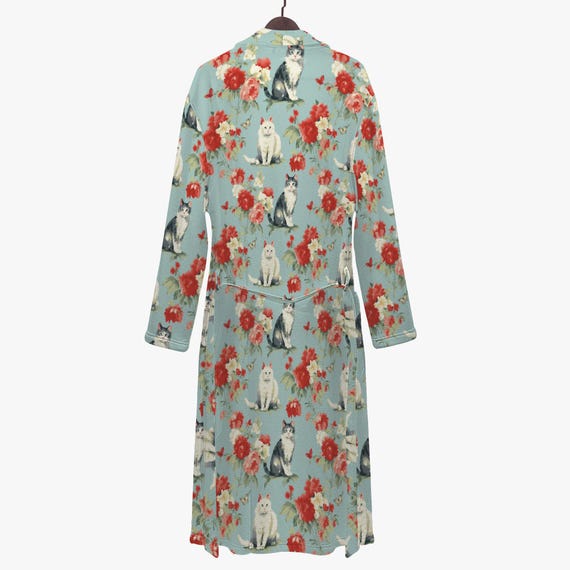 Accappatoio Corto Donna Novastar Maniche Lunghe - Morbido Poliestere, Stampa Gatto Carino, Con Cintura, Taglie S-XL