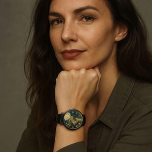 Wolf Watch Women, Moon Wolf Wristwatch in Mystical Forest Style, Gift for Animal Lovers, Nature Lovers, Fantasy Fans, Black Leather Strap