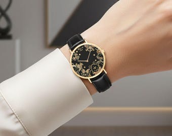 Winnie the Pooh Watch for Women – Rose Gold Black Wristwatch with Leather Strap – Gift for Children & Fans – Cute Vintage Floral Design Watch
