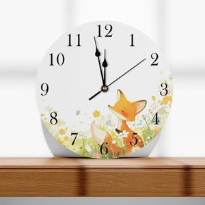 Silent wooden children&#39;s clock for the wall – cute fox motif, forest animal wall clock for children&#39;s room, clock with fox design, animal motif wall decoration clock