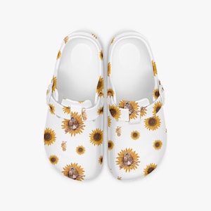 Women's clogs white, garden clogs sunflower, slippers Highland cow, summer mules, comfortable clogs with pattern, funny shoes with print