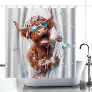 Divertente tenda da doccia con mucche delle Highlands – Decorazione per il bagno con bovini scozzesi, tenda da bagno con bolle di sapone, bagno da cowgirl
